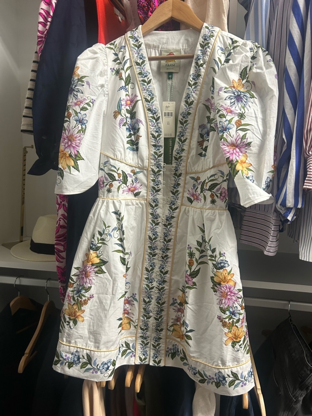 FARM Rio White Floral Embroidered Mini Dress with Yellow Piping - Picture 2 of 8